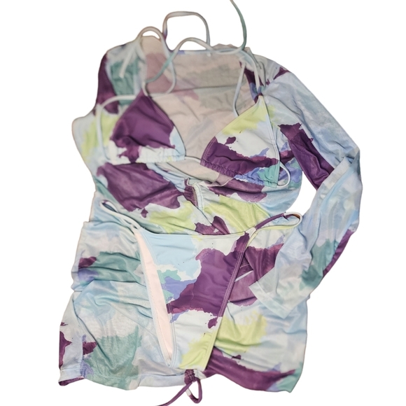 Multicolor triangle Itty bitty string bikini cheeky purple blue green L cover-up - Picture 3 of 7